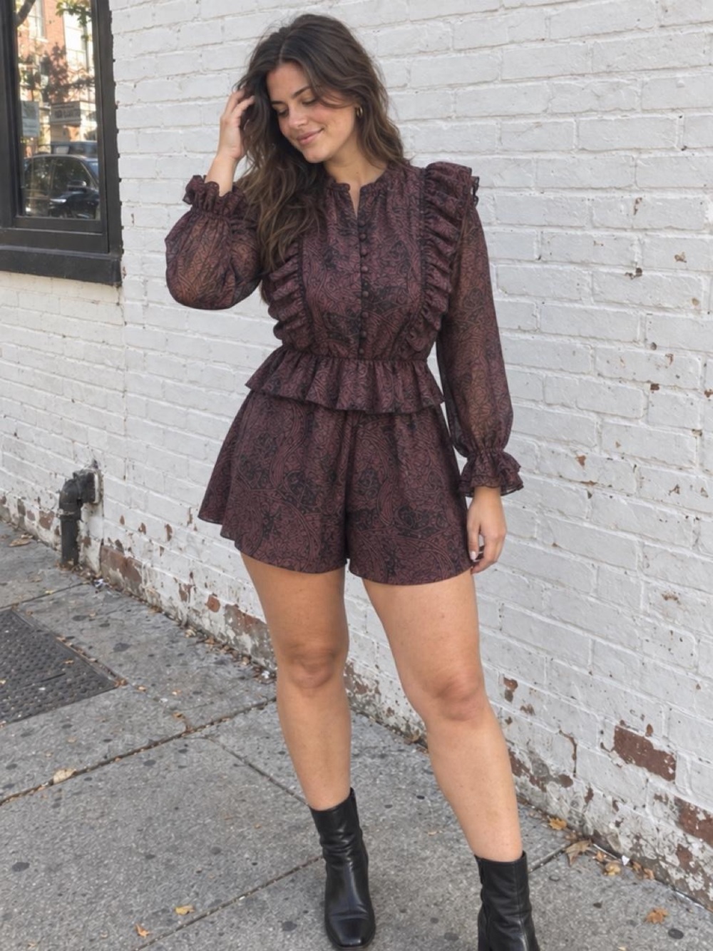 Ted Baker Burgundy Paisley Ruffle Long-Sleeve Romper
